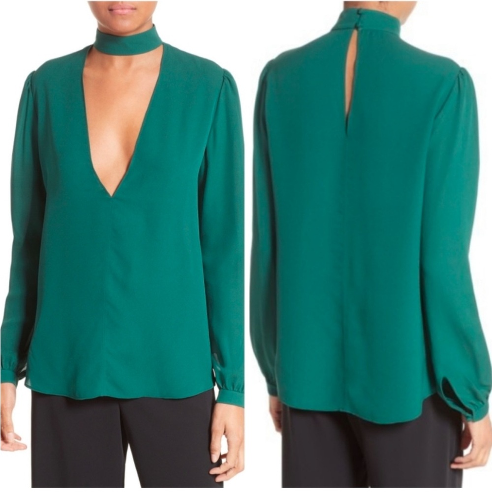 ALC Size 4 Green Liza Silk Choker Deep V-Neck Long Sleeve Blouse